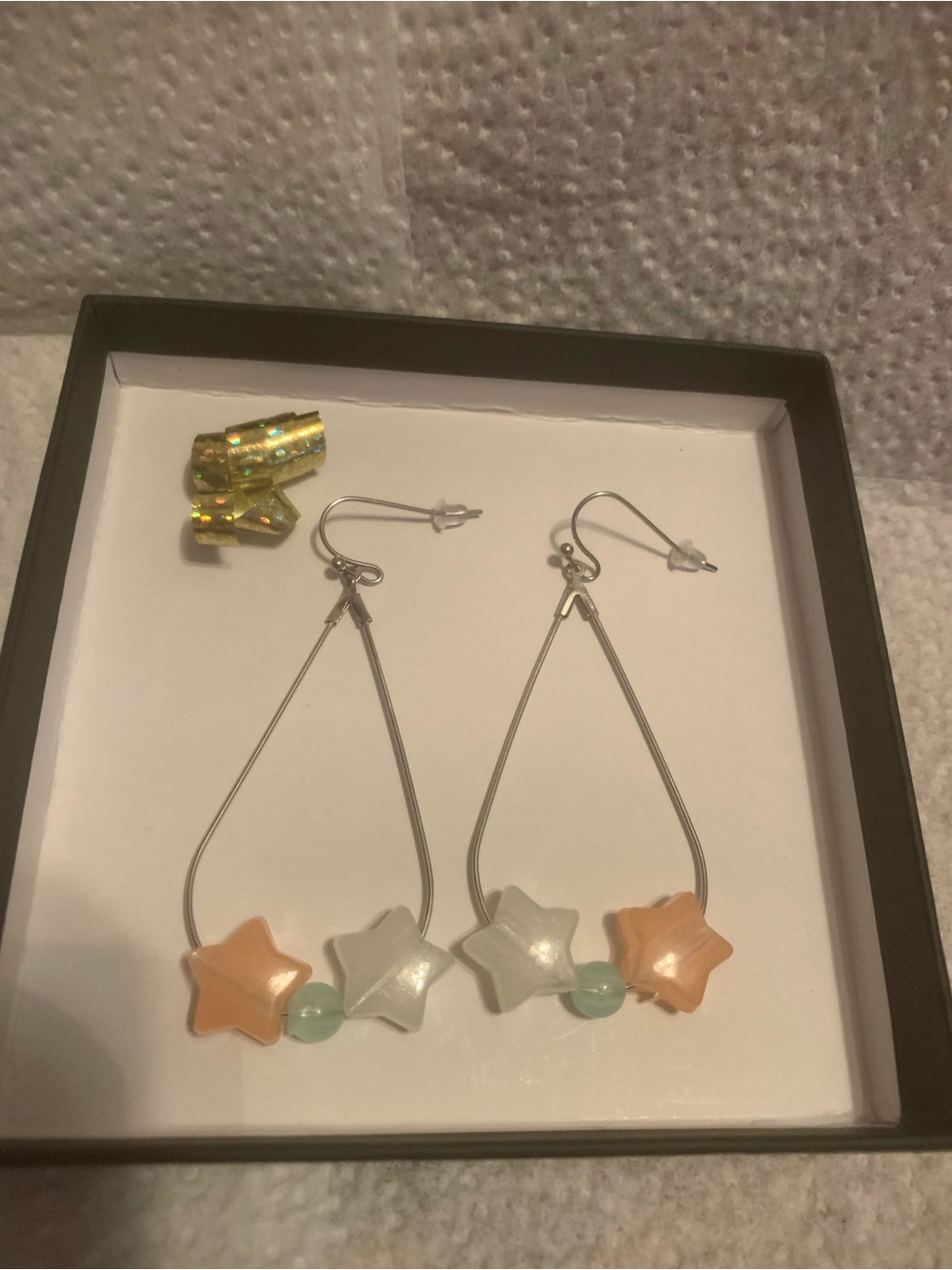 Silver.925 Teardrop Earrings with Peach Pearl Star Luminous Charms Handmade NEW